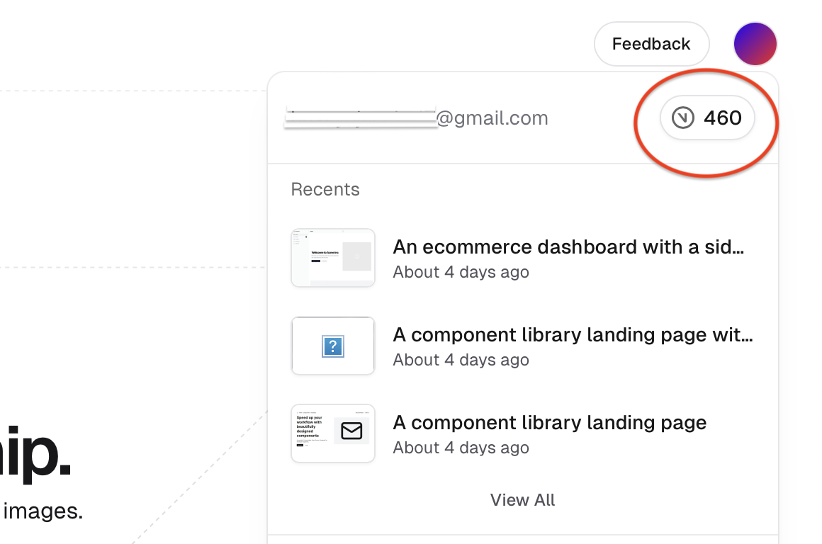 v0 dashboard credit tracker